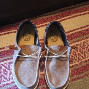 Hey Dude Light Gray Canvas Women's Casual Flats with Brown Accents